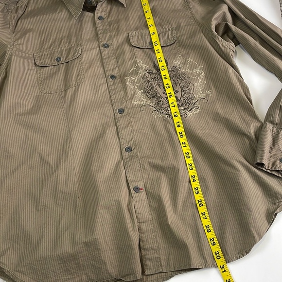 VTG GUESS Y2K Men’s Button Down Shirt Skull Graphics Print Size XXL Tan Stripes - Picture 14 of 16